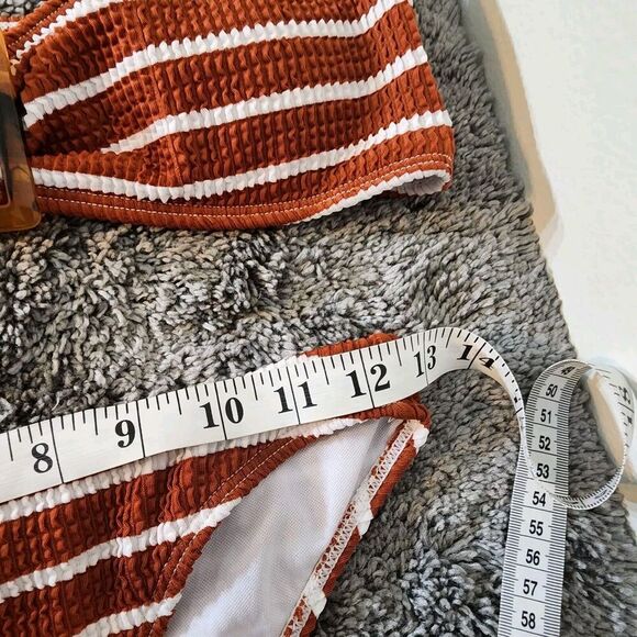 Size S Women's 2 Piece Strapless Swimsuit Striped Bandeau High Waisted Thong - Picture 8 of 9